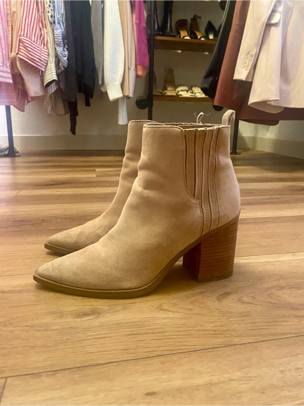 Steve Madden Tan Suede Pointed Toe Ankle Booties with Block Heel